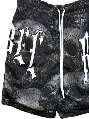 REBEL VENGEANCE SHORTS MENS M SKULL ALLOVER PRINT MESH DRAWSTRING BASKETBALL 8"